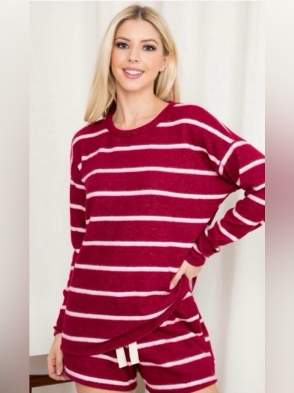 New Burgundy And White Striped Hacci Lounge Top And Short Set